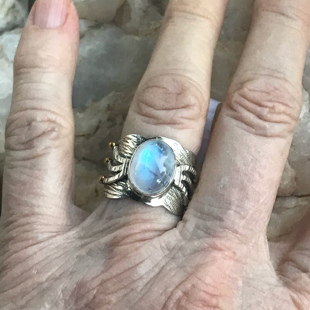 RAINBOW MOONSTONE two tone 925 sterling band 7 NWT